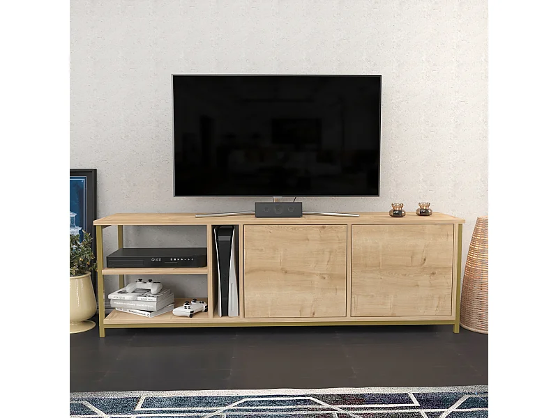 Meuble TV Primrose 160 cm avec Placards et Étagères (Doré et Chêne)