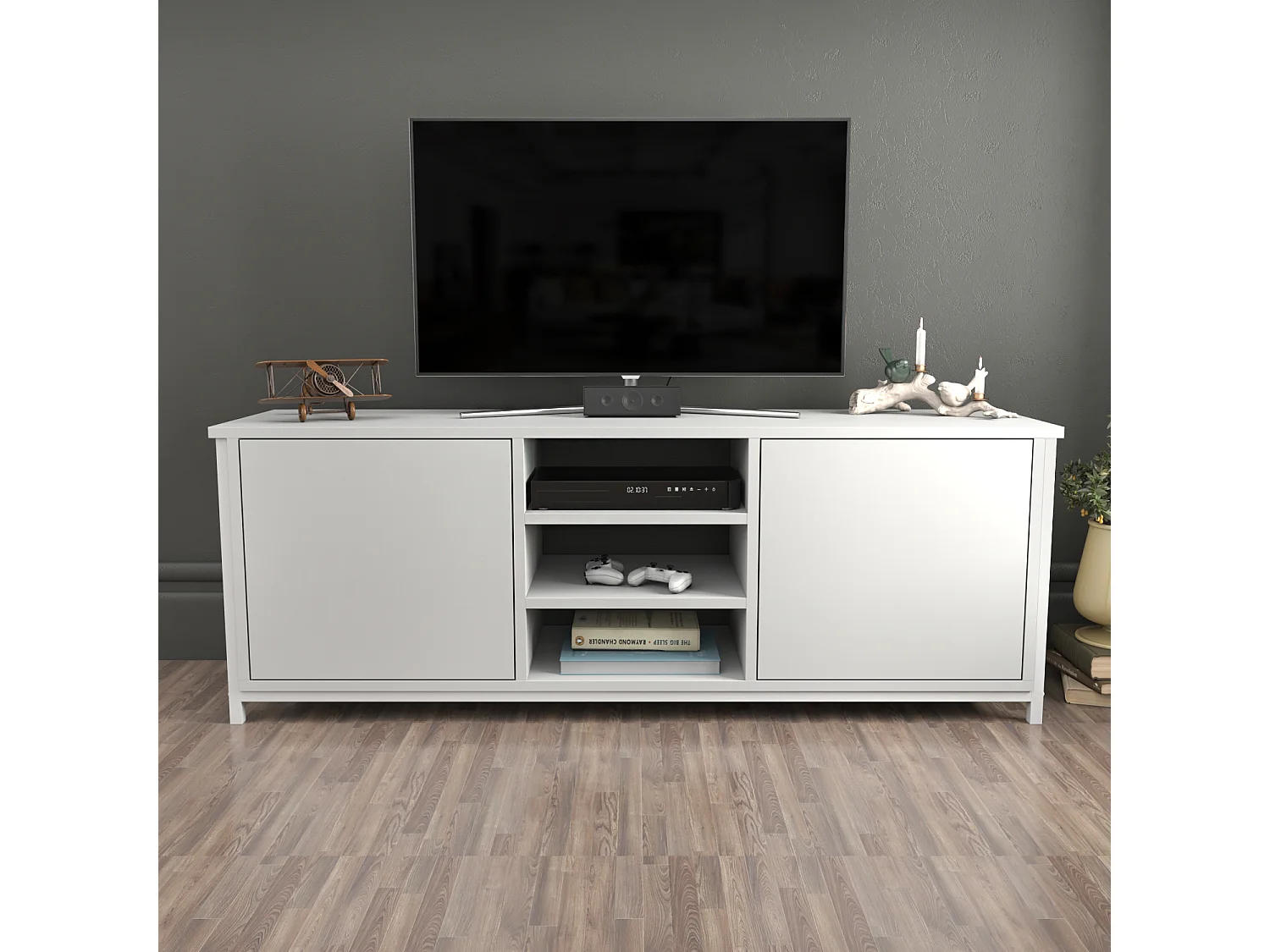 Otis Meuble TV 140 cm Placards et Étagères Ouvertes (Blanc)