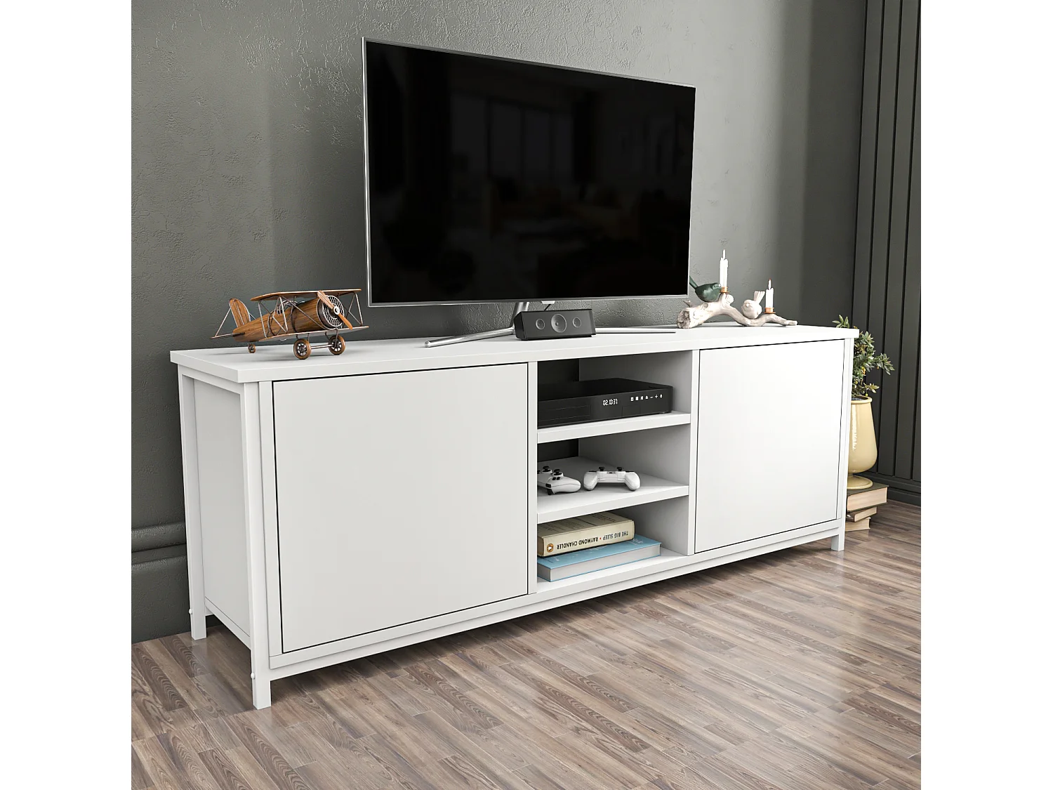 Otis Meuble TV 140 cm Placards et Étagères Ouvertes (Blanc)