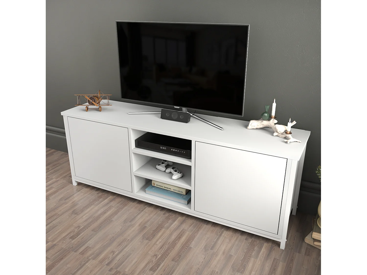 Otis Meuble TV 140 cm Placards et Étagères Ouvertes (Blanc)