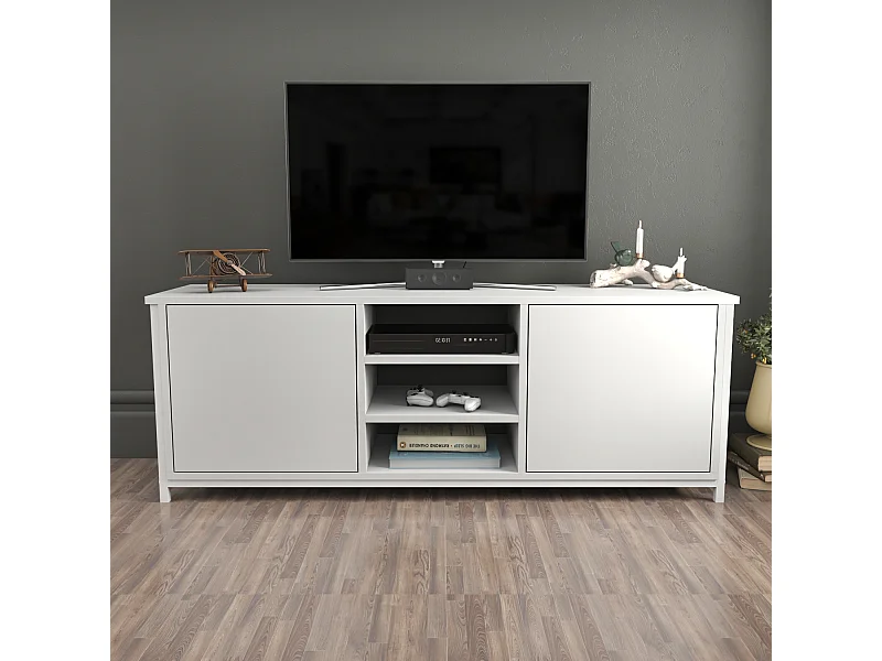 Otis Meuble TV 140 cm Placards et Étagères Ouvertes (Blanc)