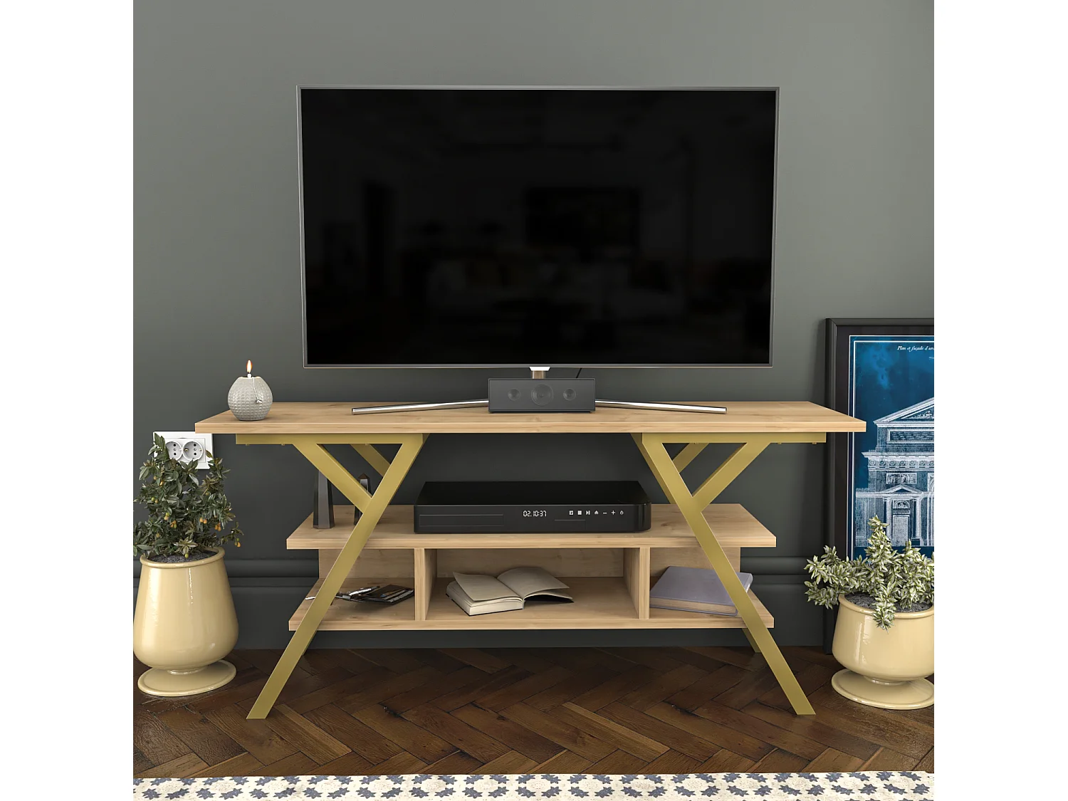 Minerva Meuble TV 120 cm Étagères Ouvertes et Cadre en métal (Doré et Chêne)