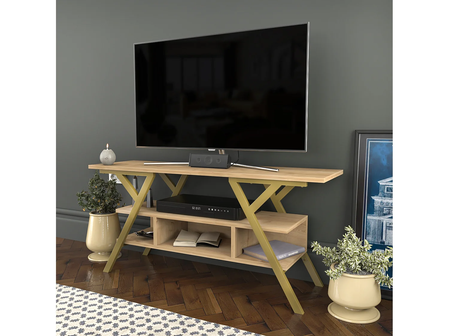 Minerva Meuble TV 120 cm Étagères Ouvertes et Cadre en métal (Doré et Chêne)