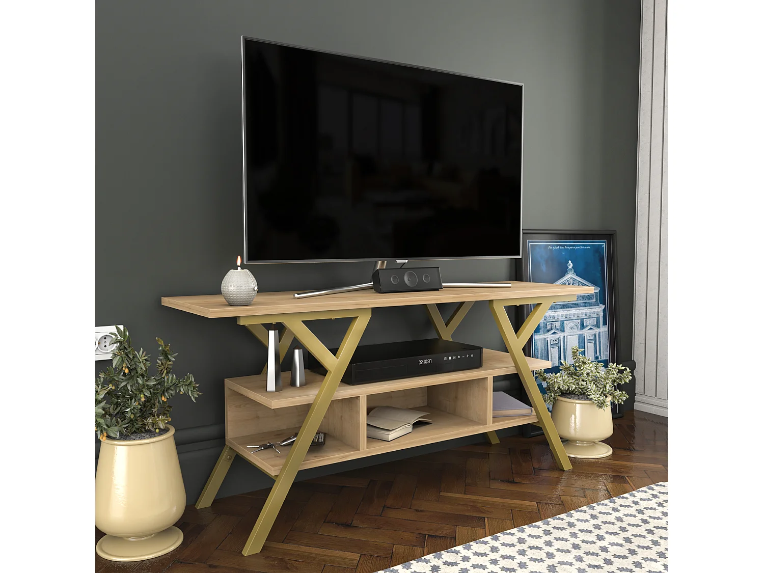 Minerva Meuble TV 120 cm Étagères Ouvertes et Cadre en métal (Doré et Chêne)