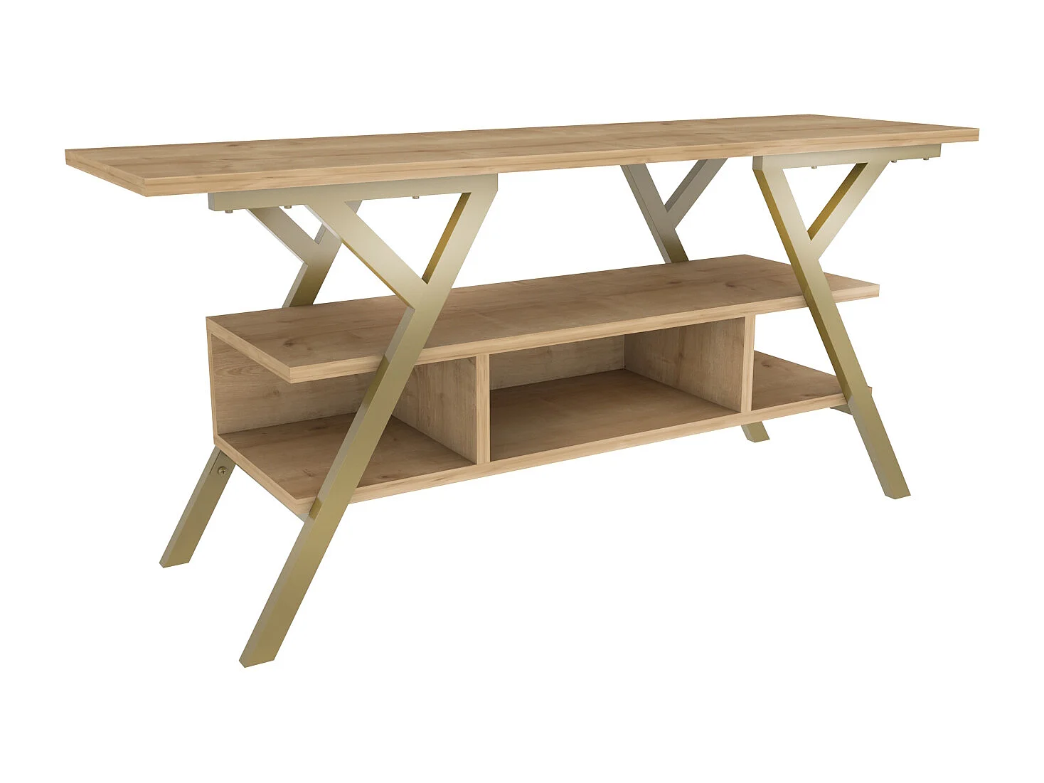 Minerva Meuble TV 120 cm Étagères Ouvertes et Cadre en métal (Doré et Chêne)