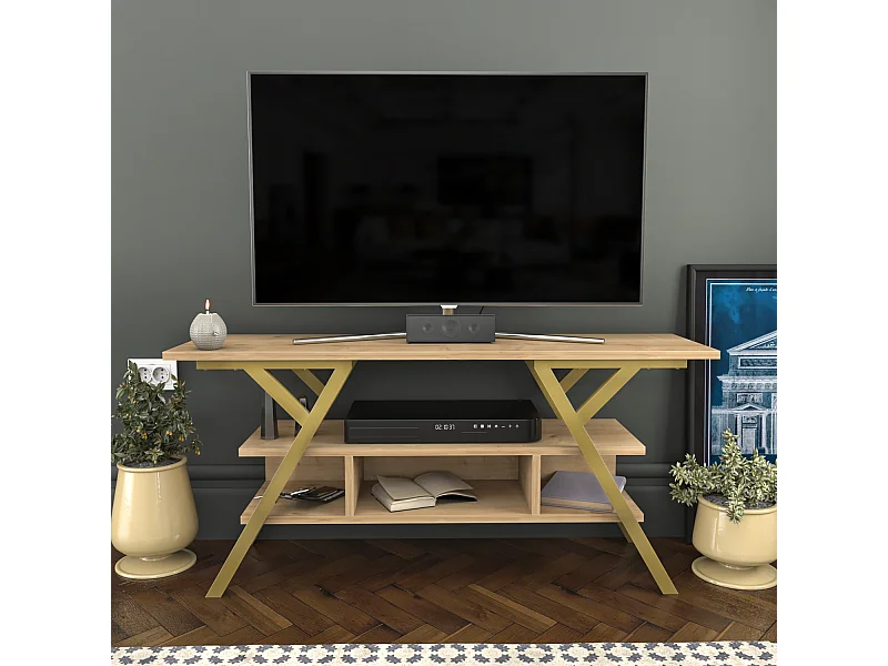 Minerva Meuble TV 120 cm Étagères Ouvertes et Cadre en métal (Doré et Chêne)