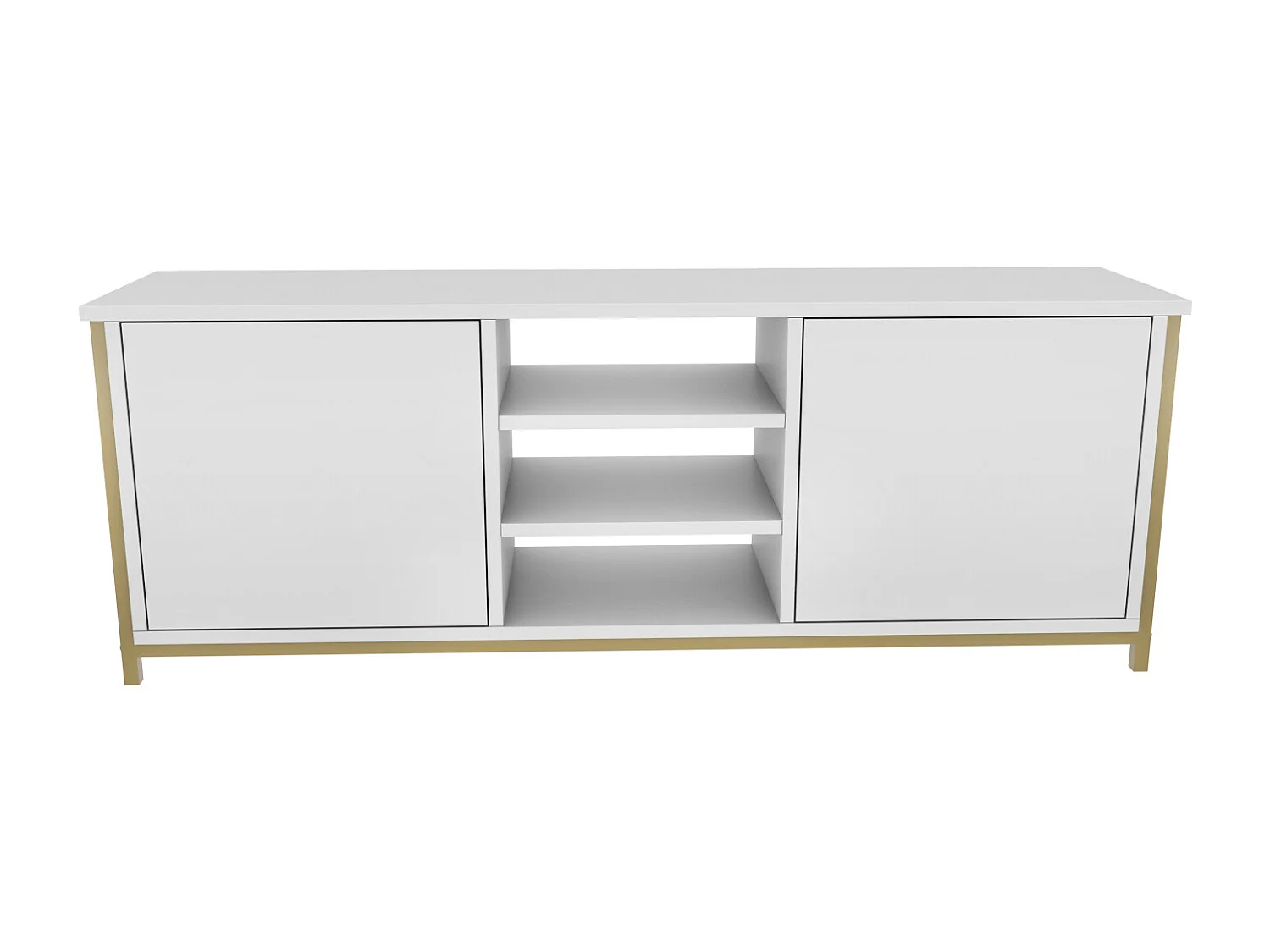 Otis Meuble TV 140 cm Placards et Étagères Ouvertes (Blanc et Doré)