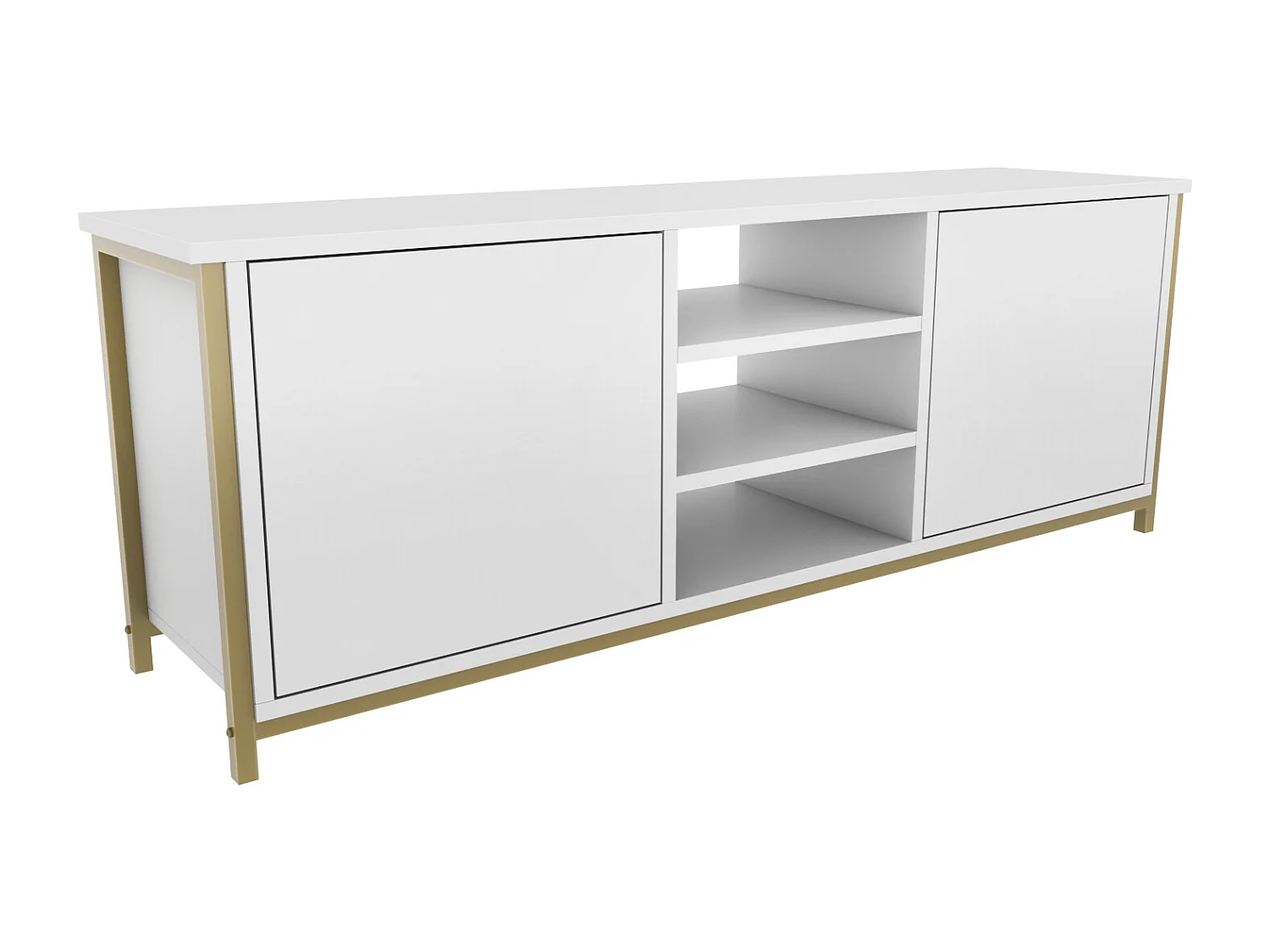 Otis Meuble TV 140 cm Placards et Étagères Ouvertes (Blanc et Doré)