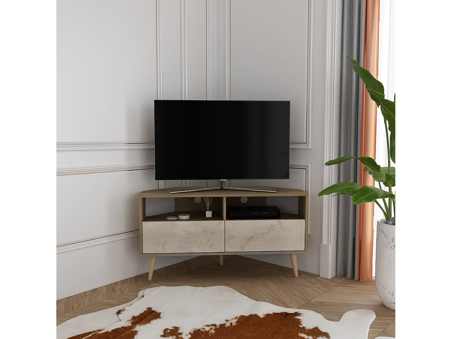 Aura Meuble TV d'angle 120 cm Armoires et Niches avec Pieds en Bois (Noyer et Travertine)