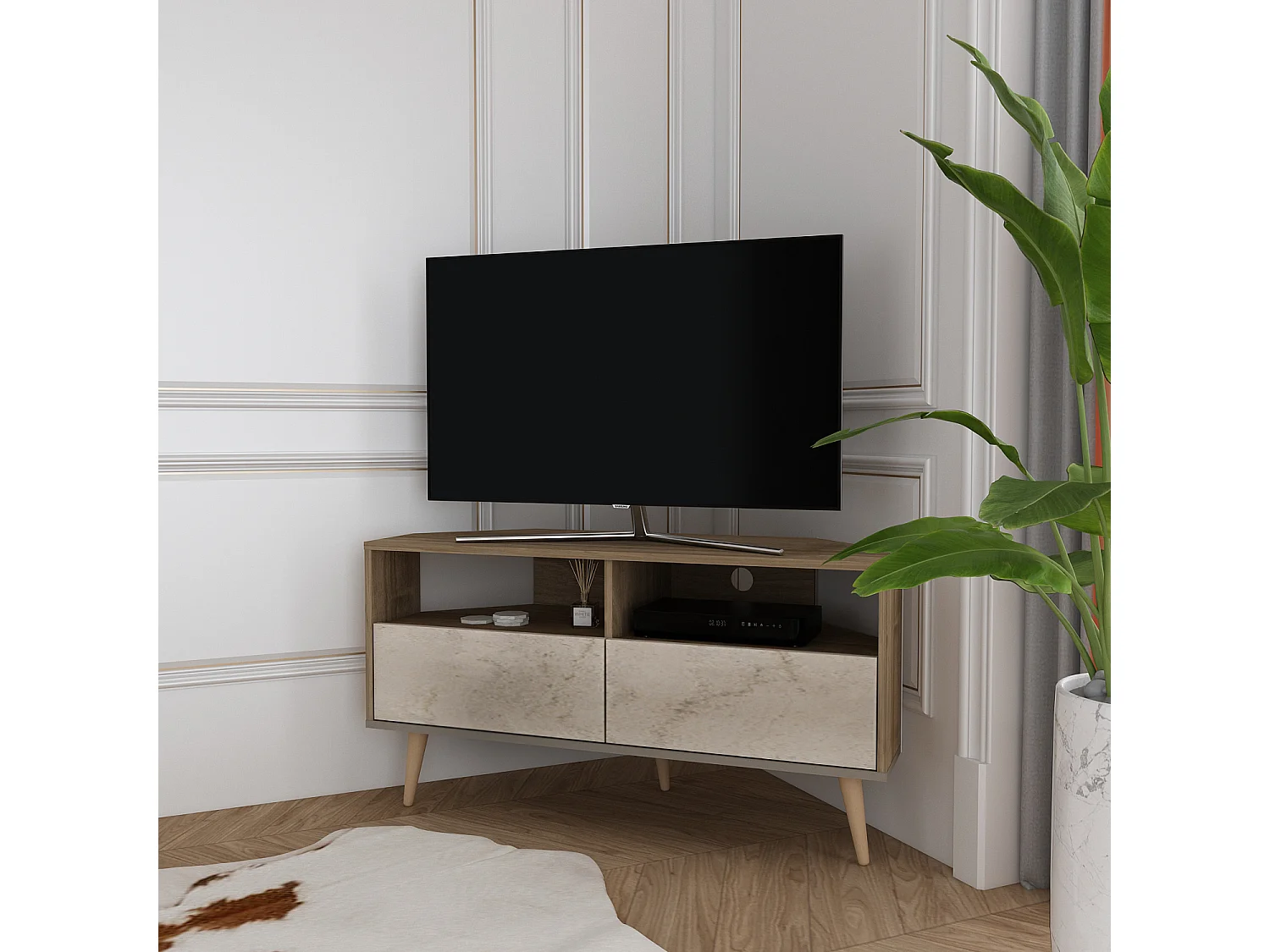 Aura Meuble TV d'angle 120 cm Armoires et Niches avec Pieds en Bois (Noyer et Travertine)