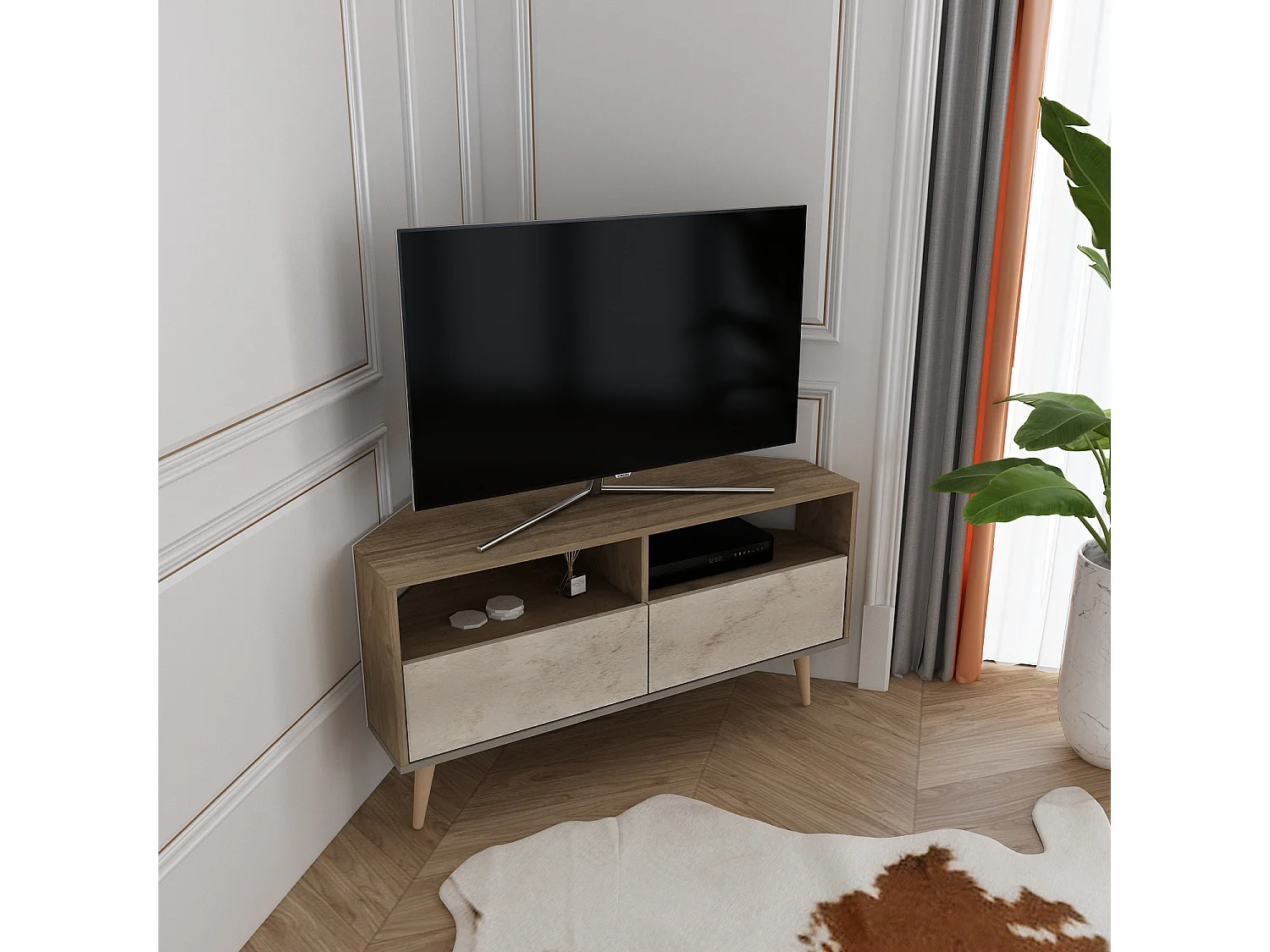 Aura Meuble TV d'angle 120 cm Armoires et Niches avec Pieds en Bois (Noyer et Travertine)
