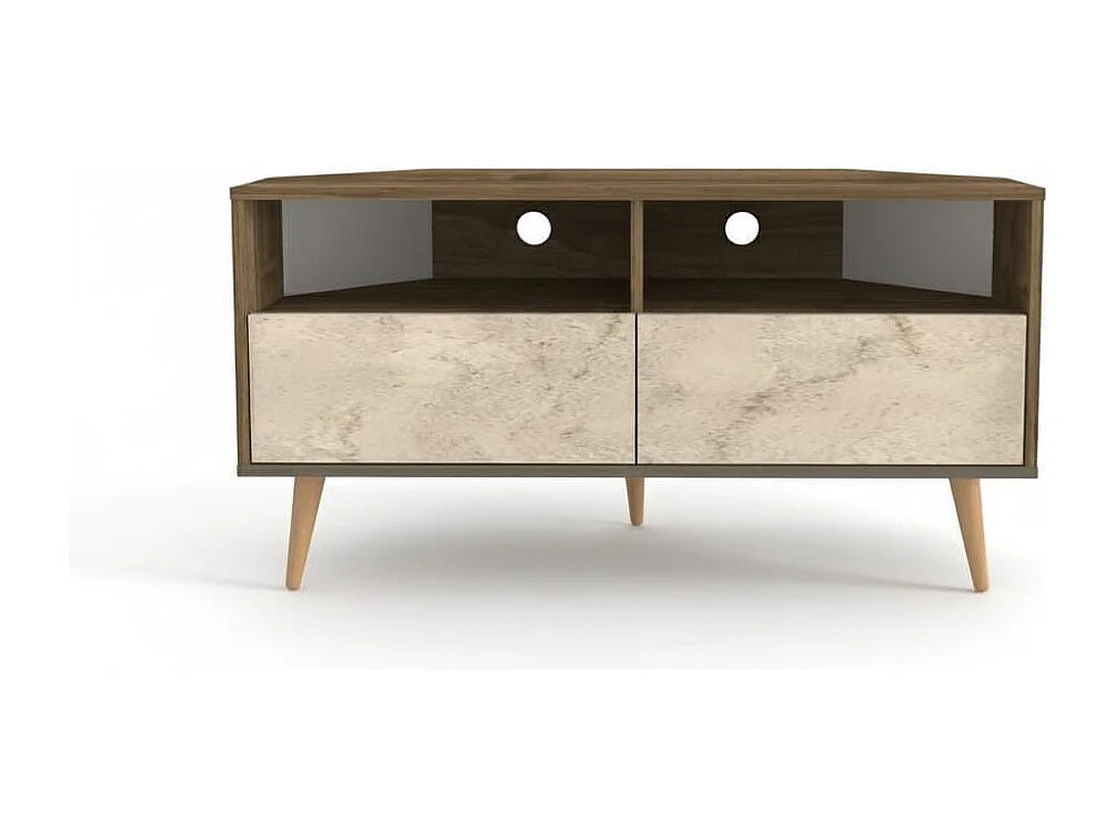 Aura Meuble TV d'angle 120 cm Armoires et Niches avec Pieds en Bois (Noyer et Travertine)