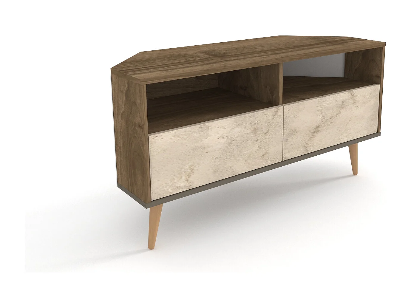 Aura Meuble TV d'angle 120 cm Armoires et Niches avec Pieds en Bois (Noyer et Travertine)