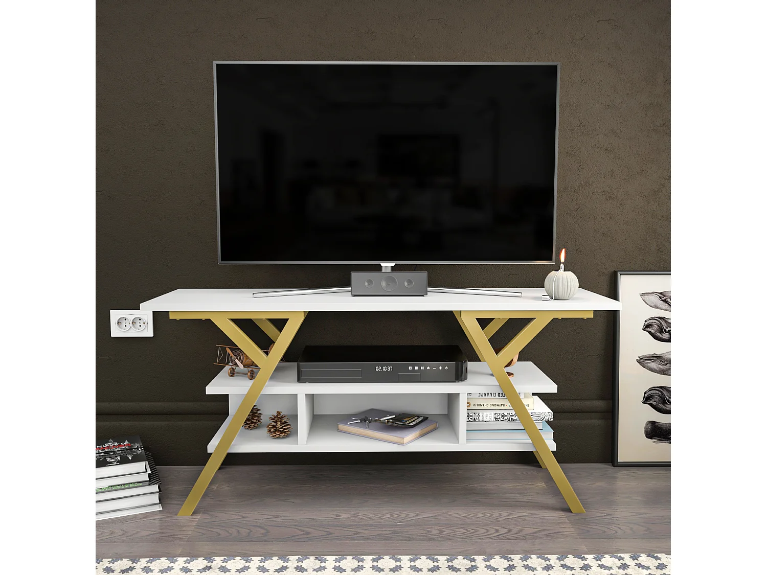 Minerva Meuble TV 120 cm Étagères Ouvertes et Cadre en métal (Doré et Blanc)