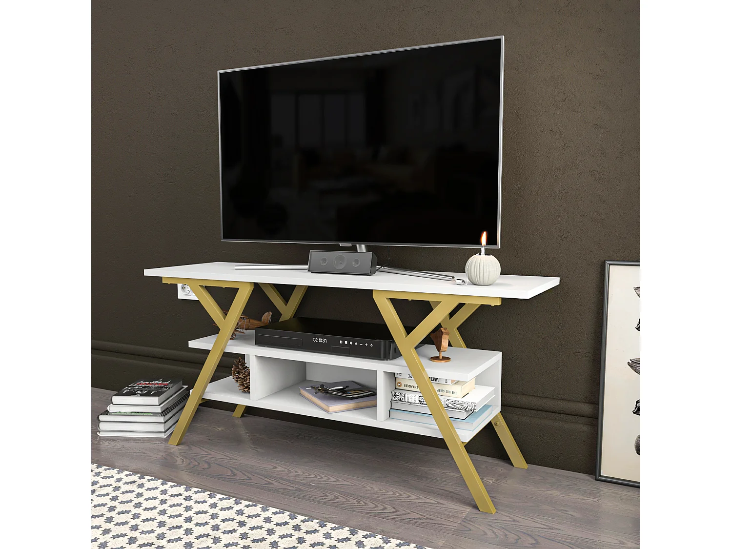 Minerva Meuble TV 120 cm Étagères Ouvertes et Cadre en métal (Doré et Blanc)