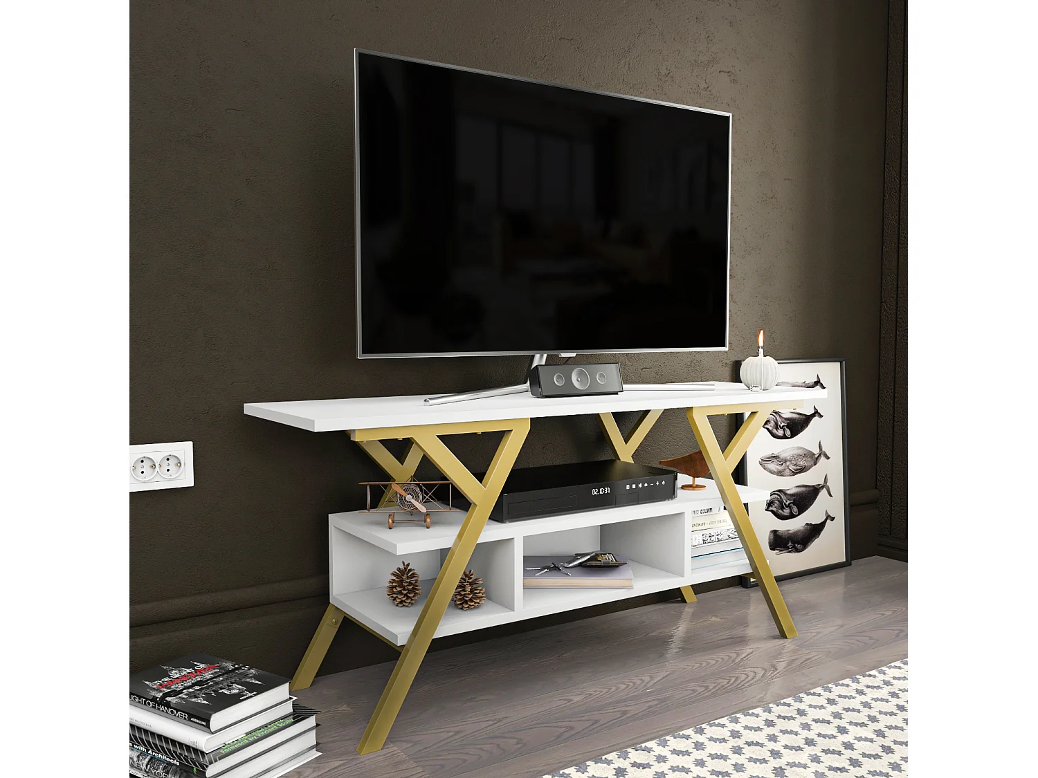 Minerva Meuble TV 120 cm Étagères Ouvertes et Cadre en métal (Doré et Blanc)