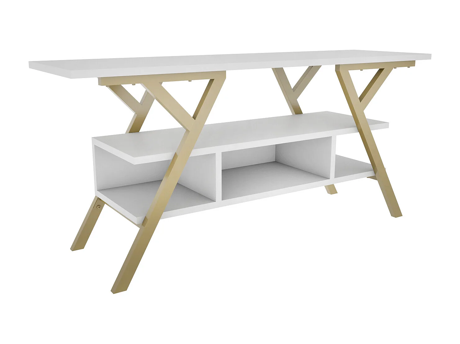 Minerva Meuble TV 120 cm Étagères Ouvertes et Cadre en métal (Doré et Blanc)