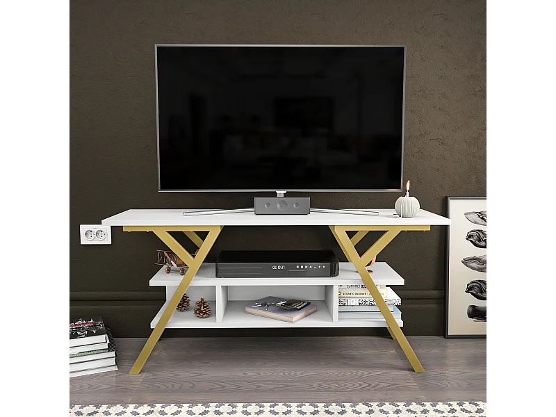 Minerva Meuble TV 120 cm Étagères Ouvertes et Cadre en métal (Doré et Blanc)