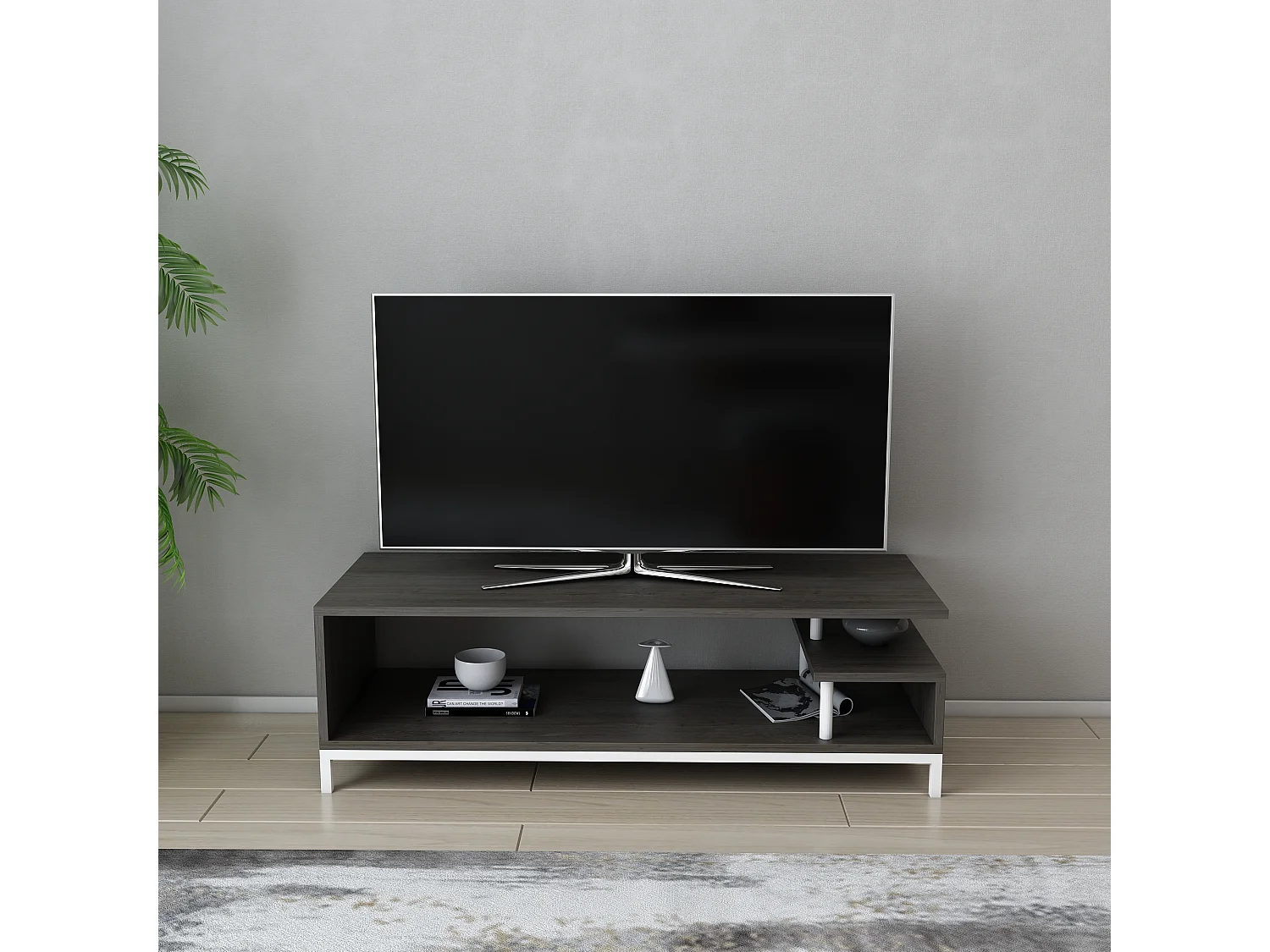 Reilly Meuble TV 120 cm Pieds en métal et étagères ouvertes (Blanc et Wenge)