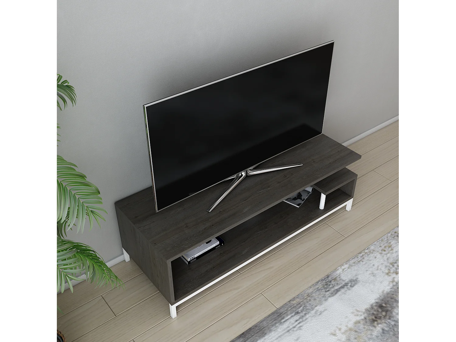 Reilly Meuble TV 120 cm Pieds en métal et étagères ouvertes (Blanc et Wenge)