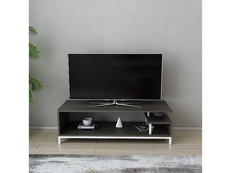 Reilly Meuble TV 120 cm Pieds en métal et étagères ouvertes (Blanc et Wenge)