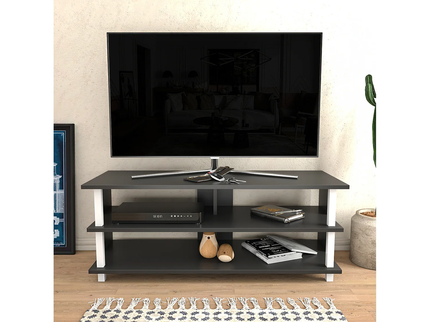 Pueblo Meuble TV 120 cm Niches et Étagères Ouvertes (Anthracite et Blanc)