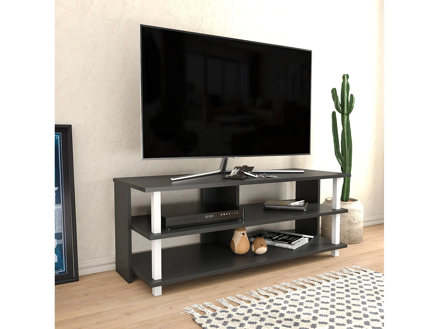 Pueblo Meuble TV 120 cm Niches et Étagères Ouvertes (Anthracite et Blanc)