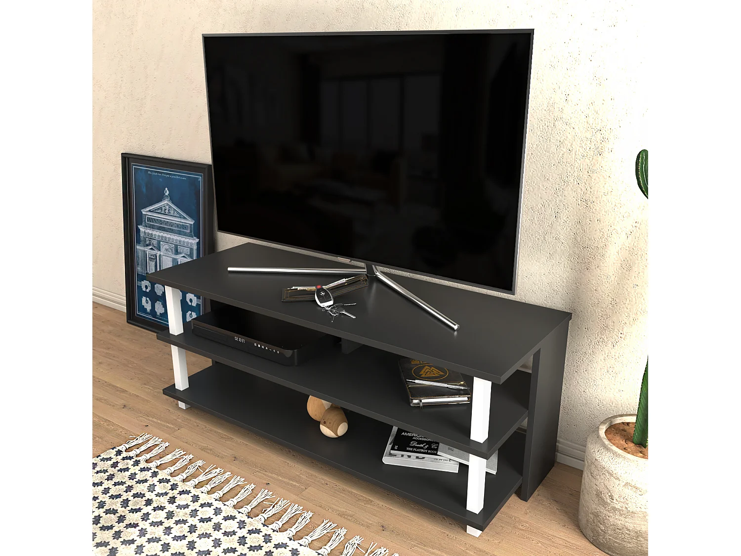 Pueblo Meuble TV 120 cm Niches et Étagères Ouvertes (Anthracite et Blanc)