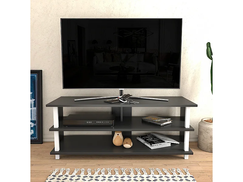 Pueblo Meuble TV 120 cm Niches et Étagères Ouvertes (Anthracite et Blanc)