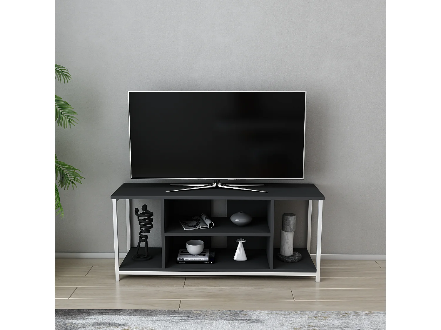 Meuble TV Rinaldo de 120 cm avec niches - cadre en métal (Blanc et Anthracite)
