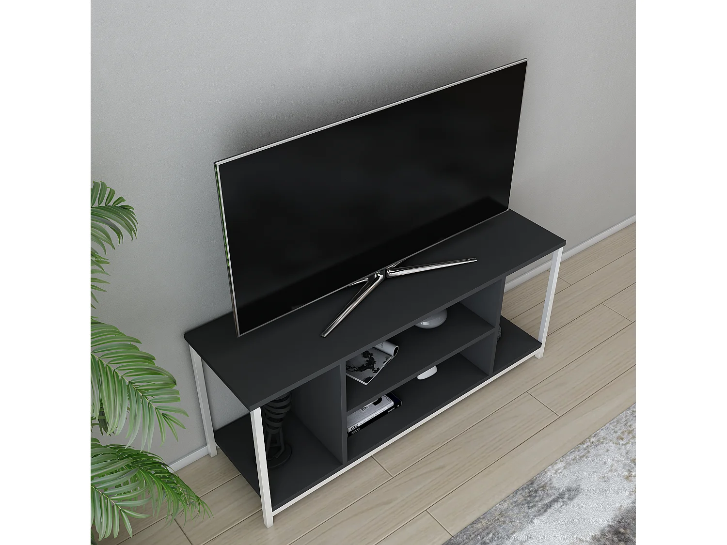 Meuble TV Rinaldo de 120 cm avec niches - cadre en métal (Blanc et Anthracite)