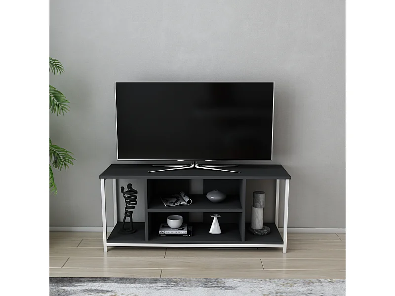 Meuble TV Rinaldo de 120 cm avec niches - cadre en métal (Blanc et Anthracite)