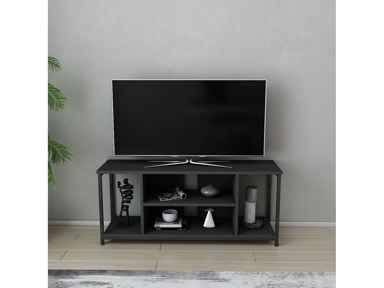 Meuble TV Rinaldo de 120 cm avec niches - cadre en métal (Noir et Anthracite)