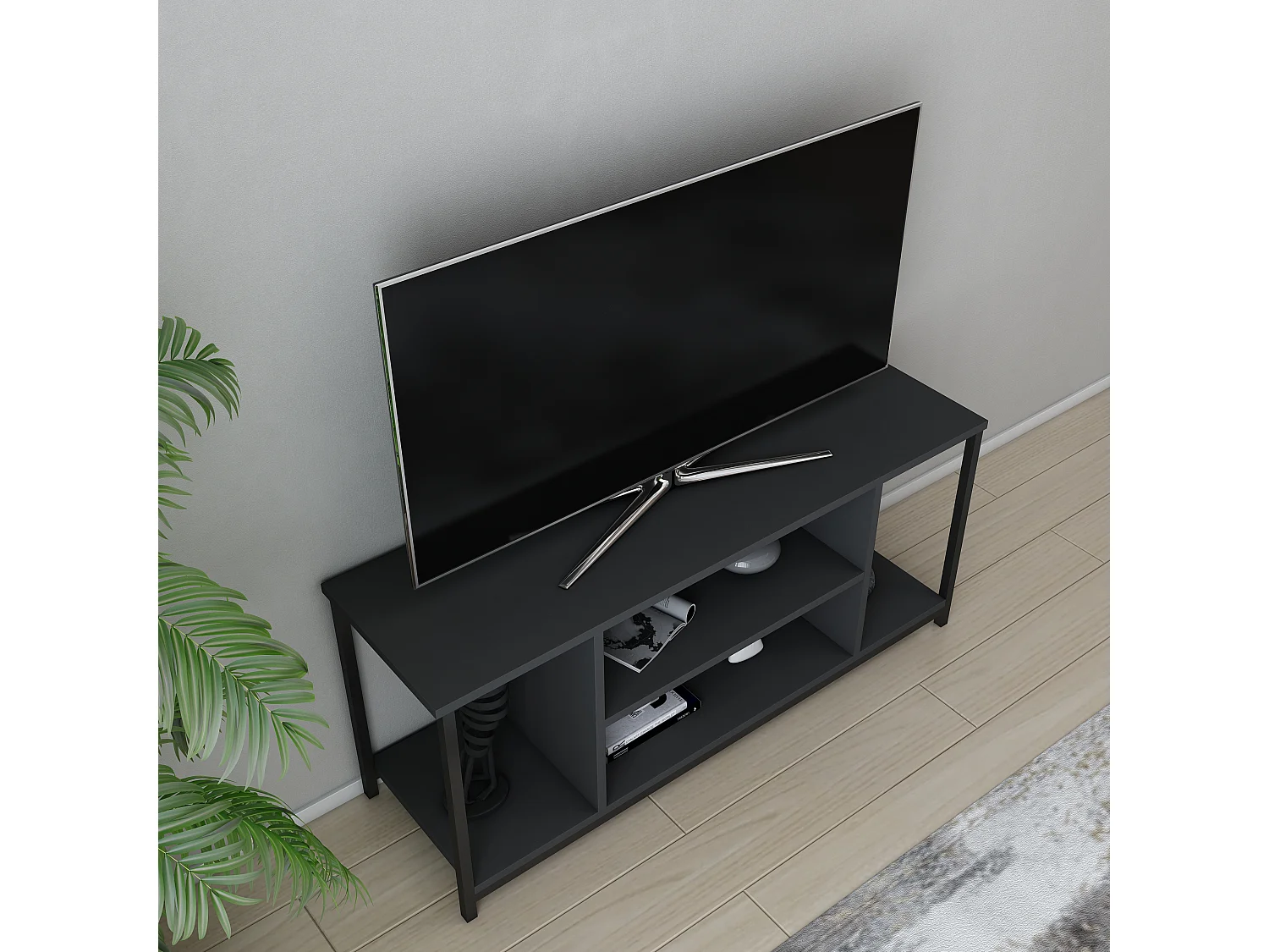 Meuble TV Rinaldo de 120 cm avec niches - cadre en métal (Noir et Anthracite)