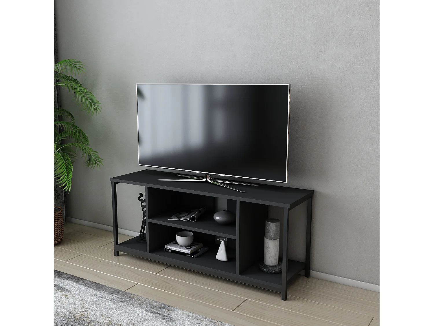 Meuble TV Rinaldo de 120 cm avec niches - cadre en métal (Noir et Anthracite)