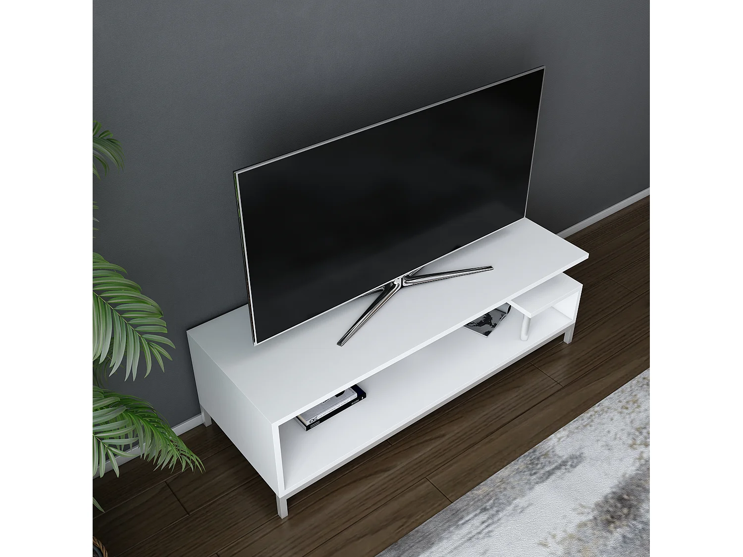 Reilly Meuble TV 120 cm Pieds en métal et étagères ouvertes (Blanc)