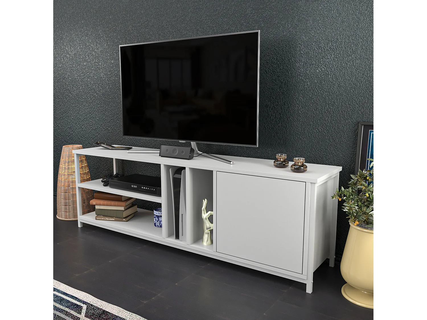 Oneida Meuble TV 160 cm Cadre métallique - Étagères Ouvertes et Armoire (Blanc)