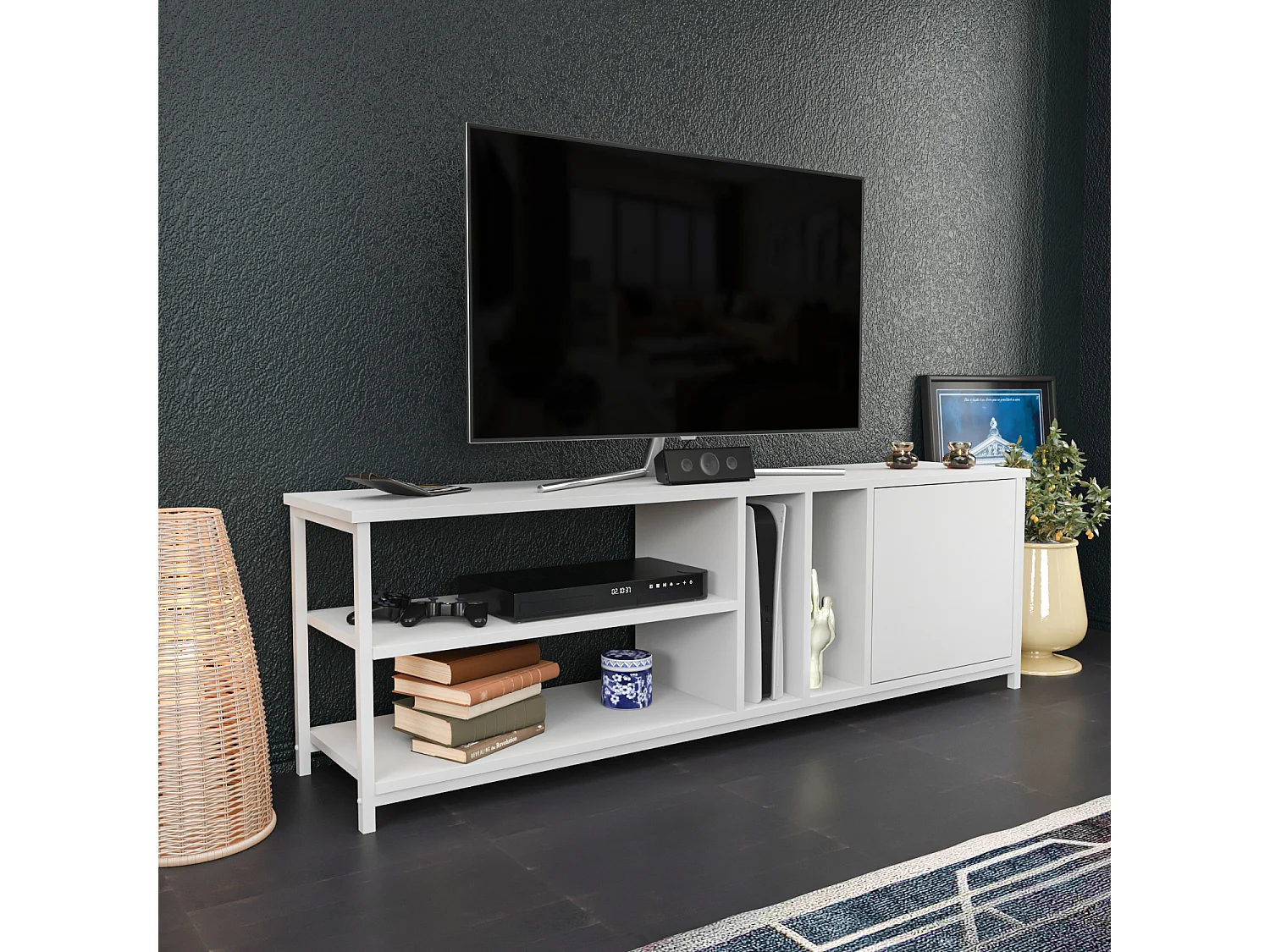 Oneida Meuble TV 160 cm Cadre métallique - Étagères Ouvertes et Armoire (Blanc)