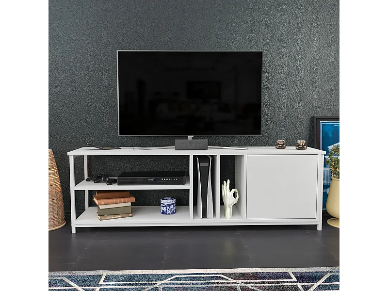 Oneida Meuble TV 160 cm Cadre métallique - Étagères Ouvertes et Armoire (Blanc)