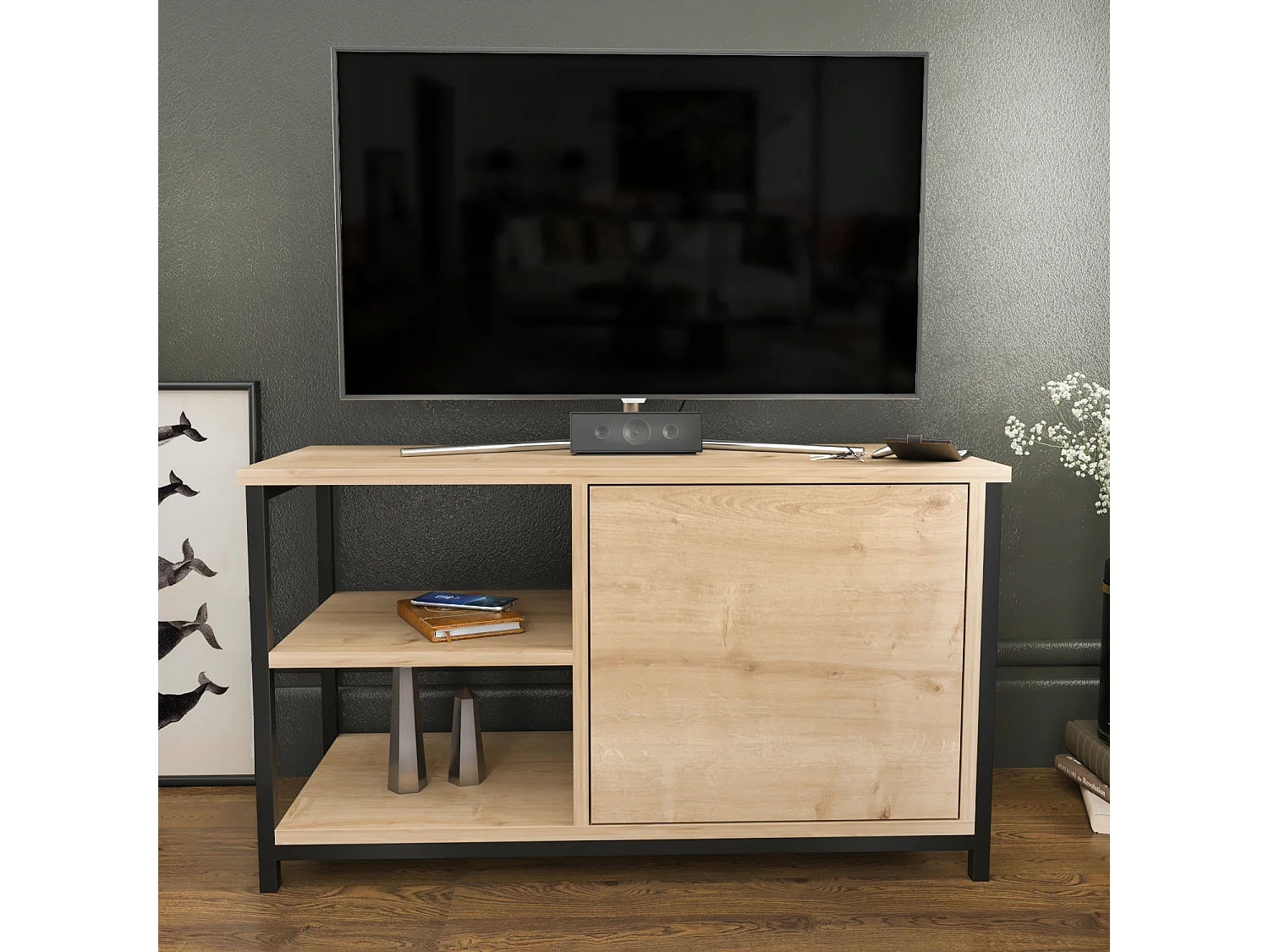 Meuble TV Muskegon 90 cm Placard et Étagères ouvertes (Noir et Chêne)