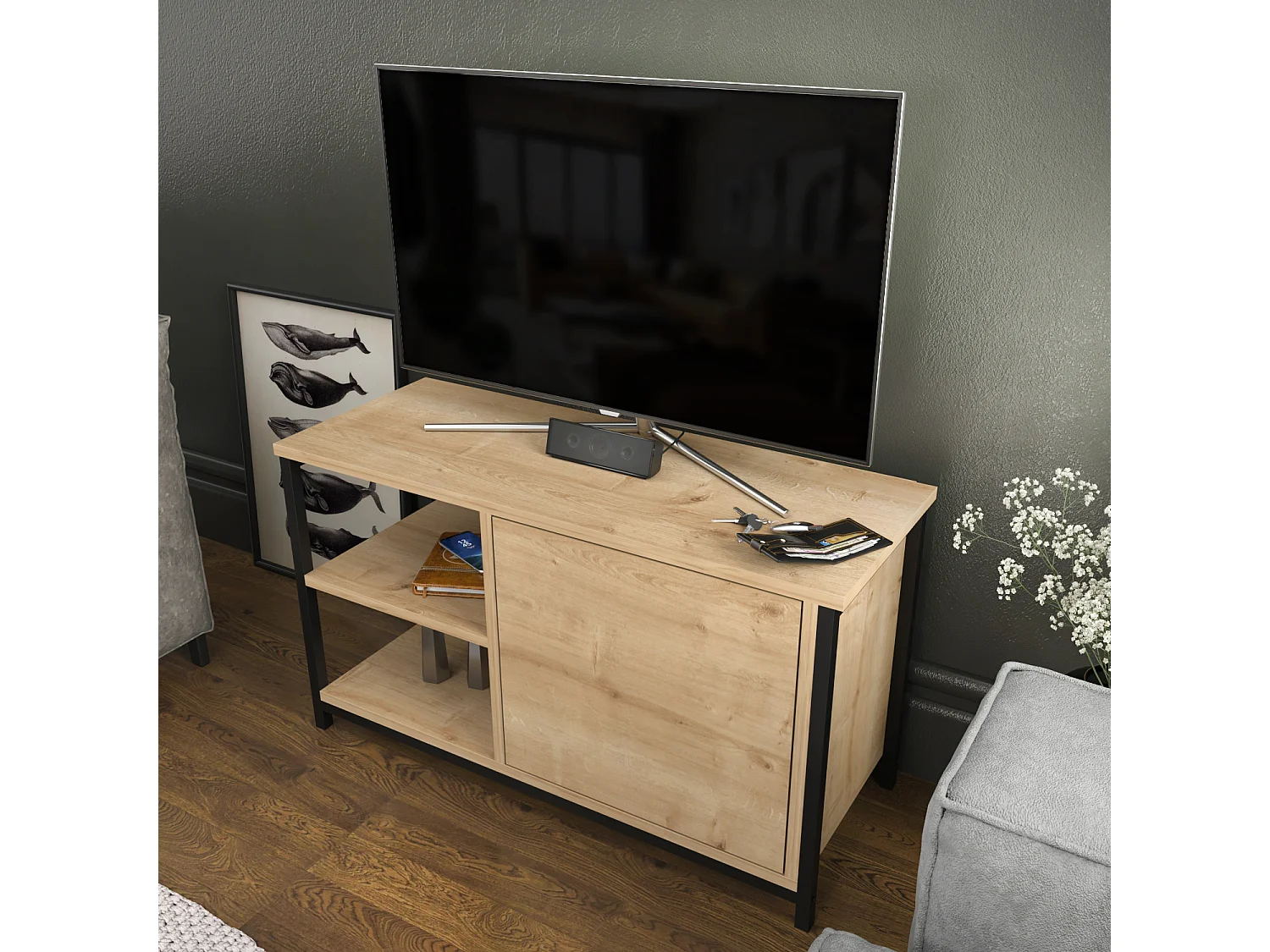 Meuble TV Muskegon 90 cm Placard et Étagères ouvertes (Noir et Chêne)