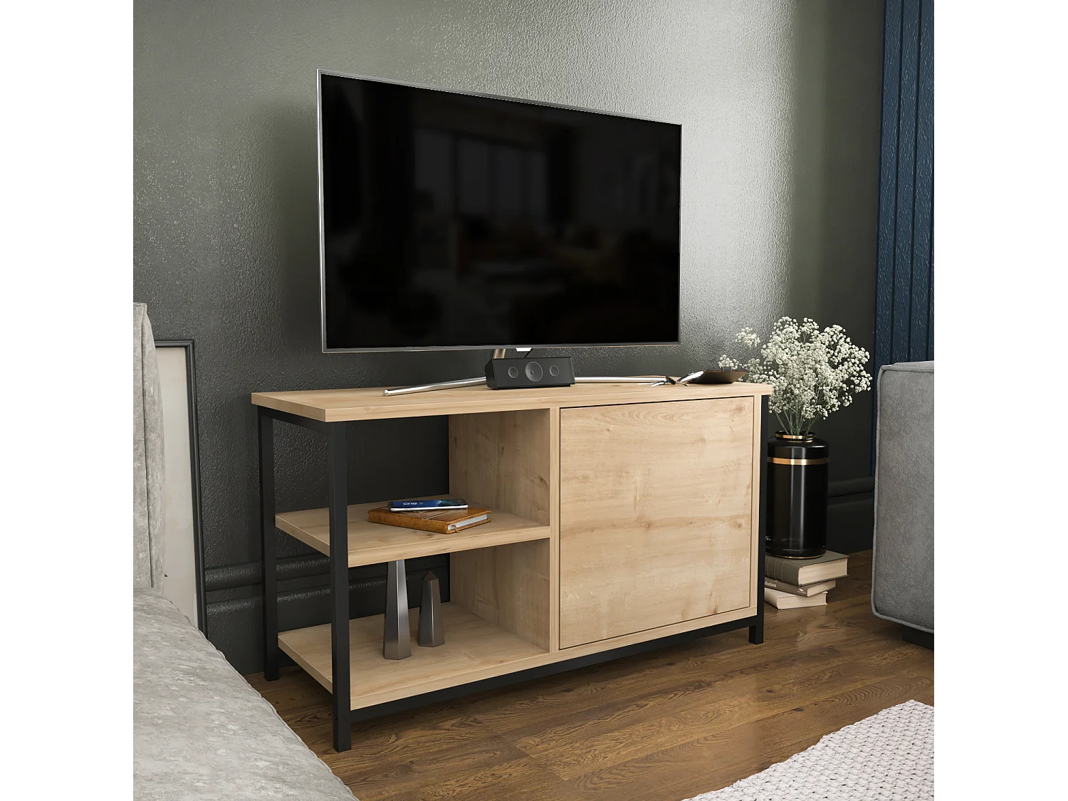 Meuble TV Muskegon 90 cm Placard et Étagères ouvertes (Noir et Chêne)