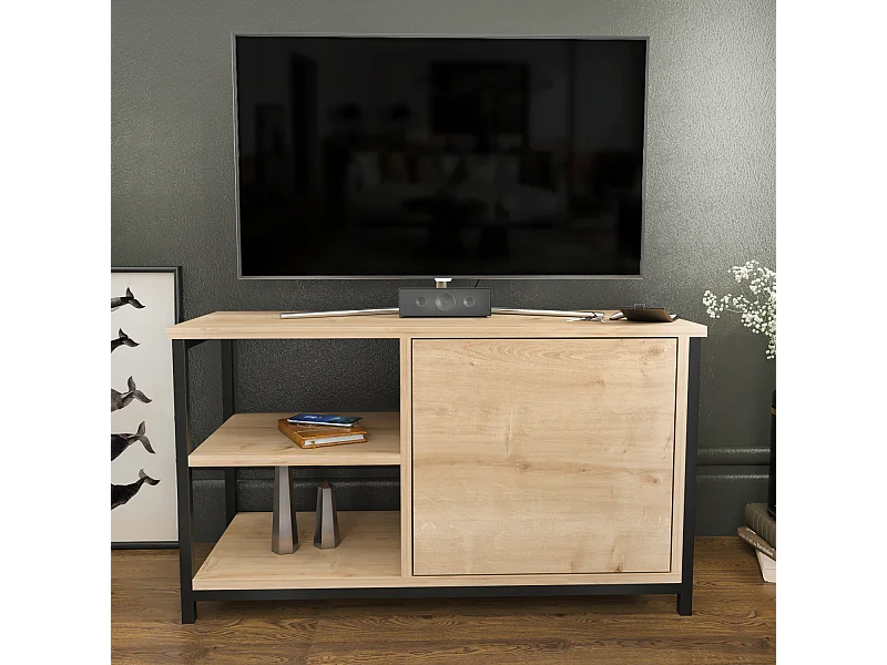 Meuble TV Muskegon 90 cm Placard et Étagères ouvertes (Noir et Chêne)