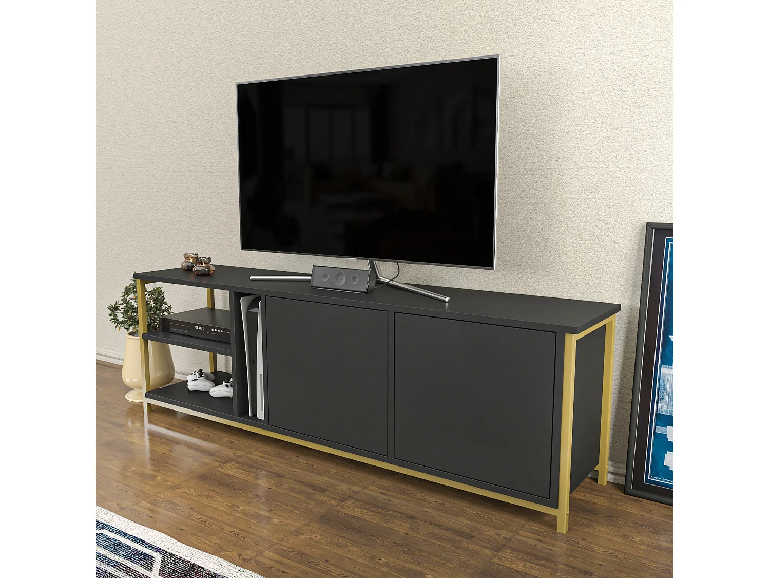 Meuble TV Primrose 160 cm avec Placards et Étagères (Doré et Anthracite)