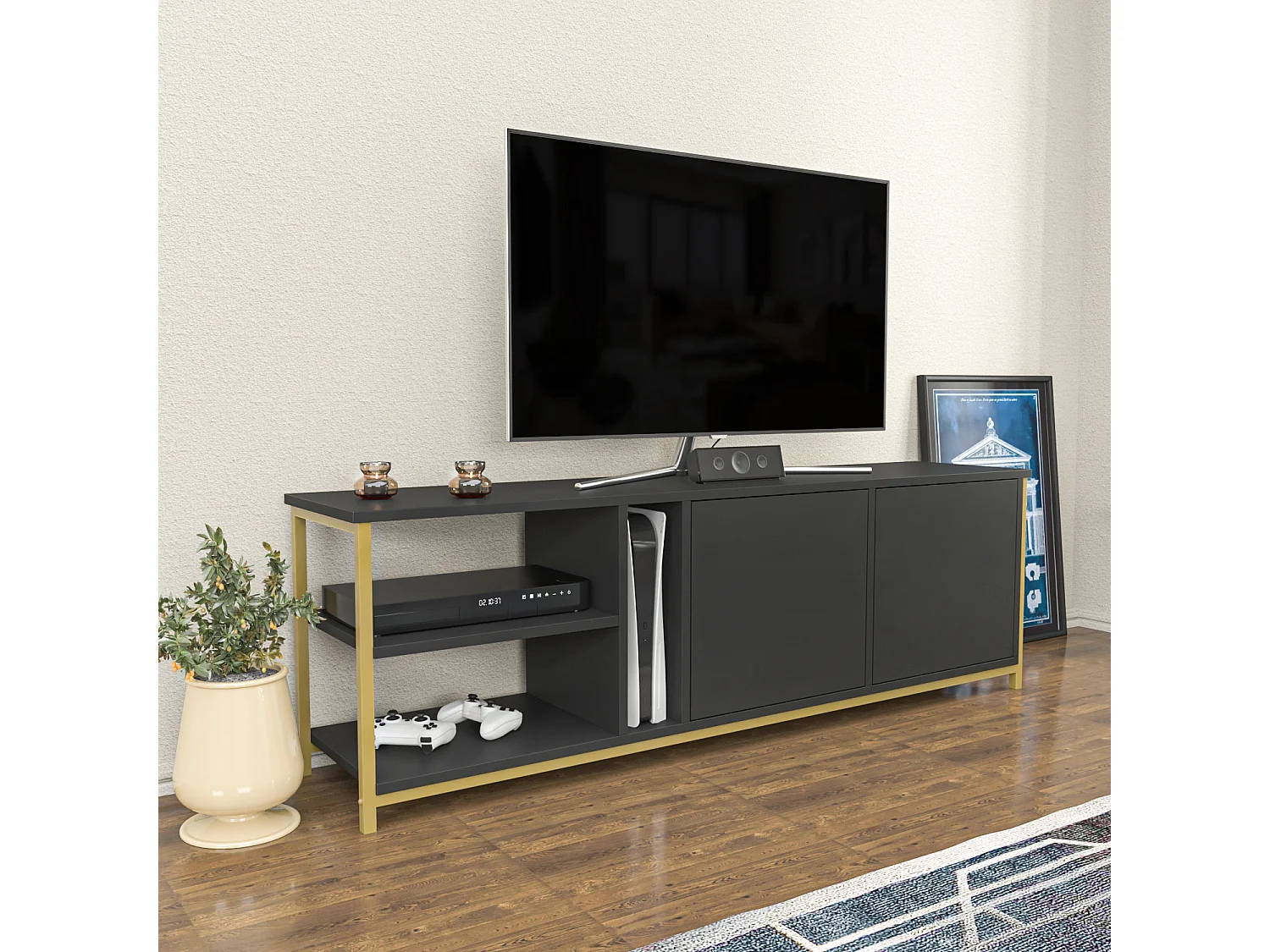 Meuble TV Primrose 160 cm avec Placards et Étagères (Doré et Anthracite)