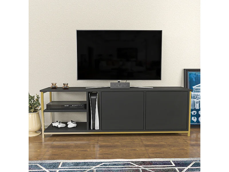 Meuble TV Primrose 160 cm avec Placards et Étagères (Doré et Anthracite)