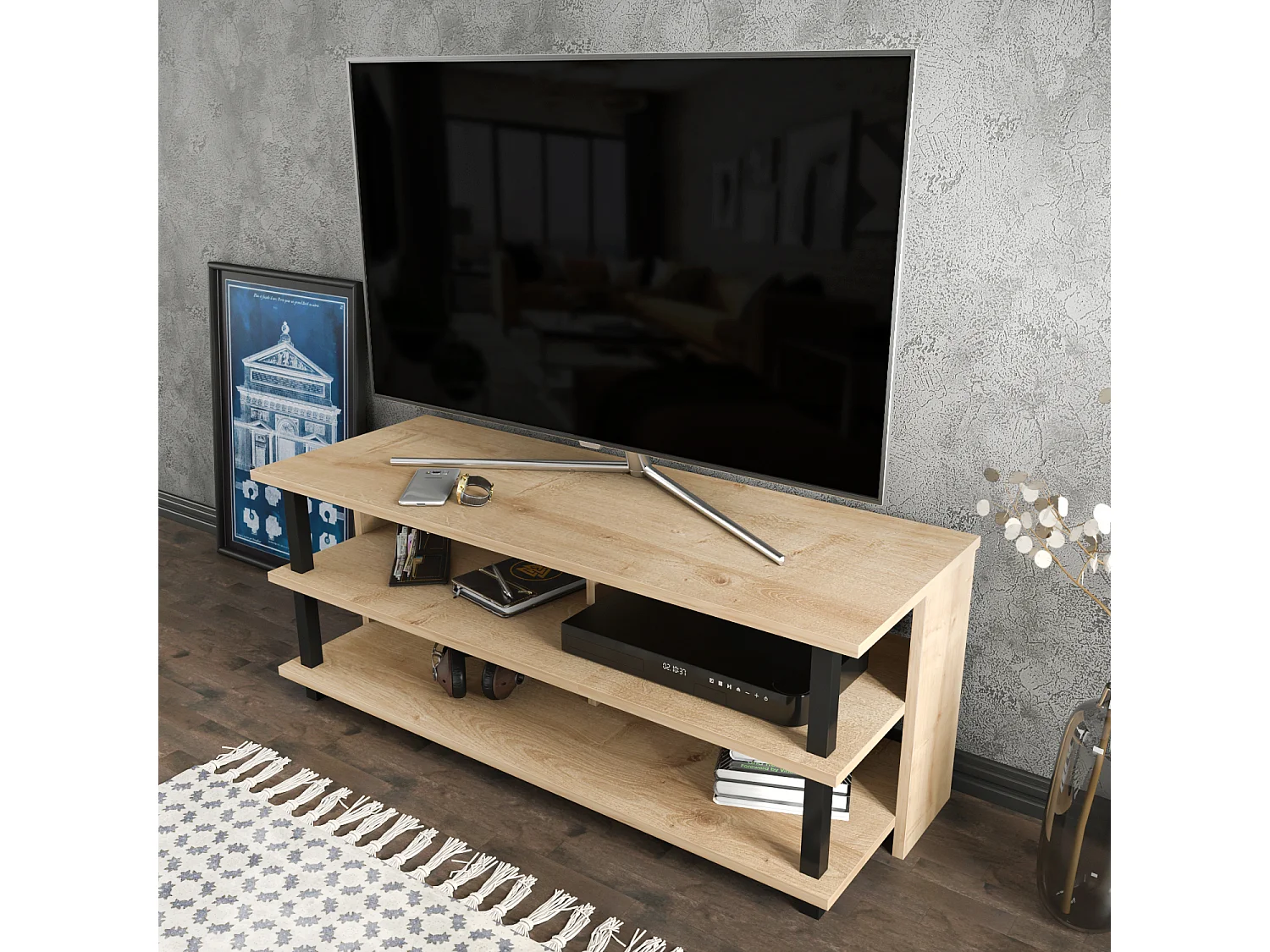 Pueblo Meuble TV 120 cm Niches et Étagères Ouvertes (Noir et Chêne)