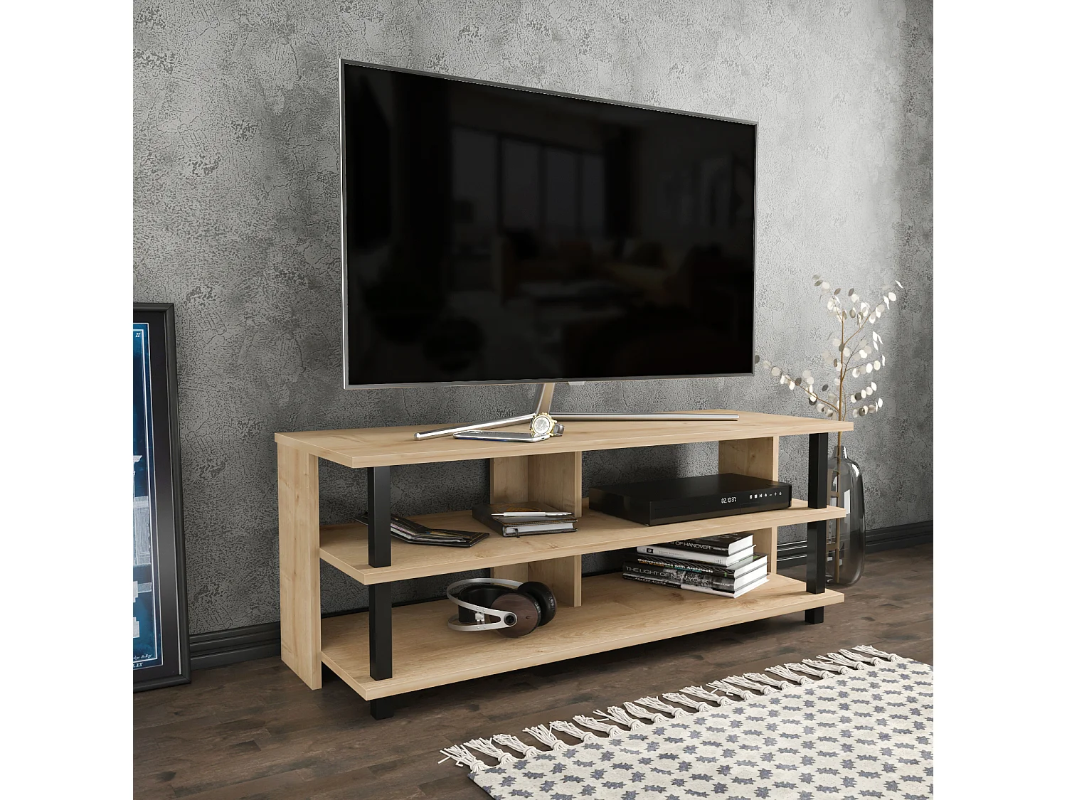 Pueblo Meuble TV 120 cm Niches et Étagères Ouvertes (Noir et Chêne)