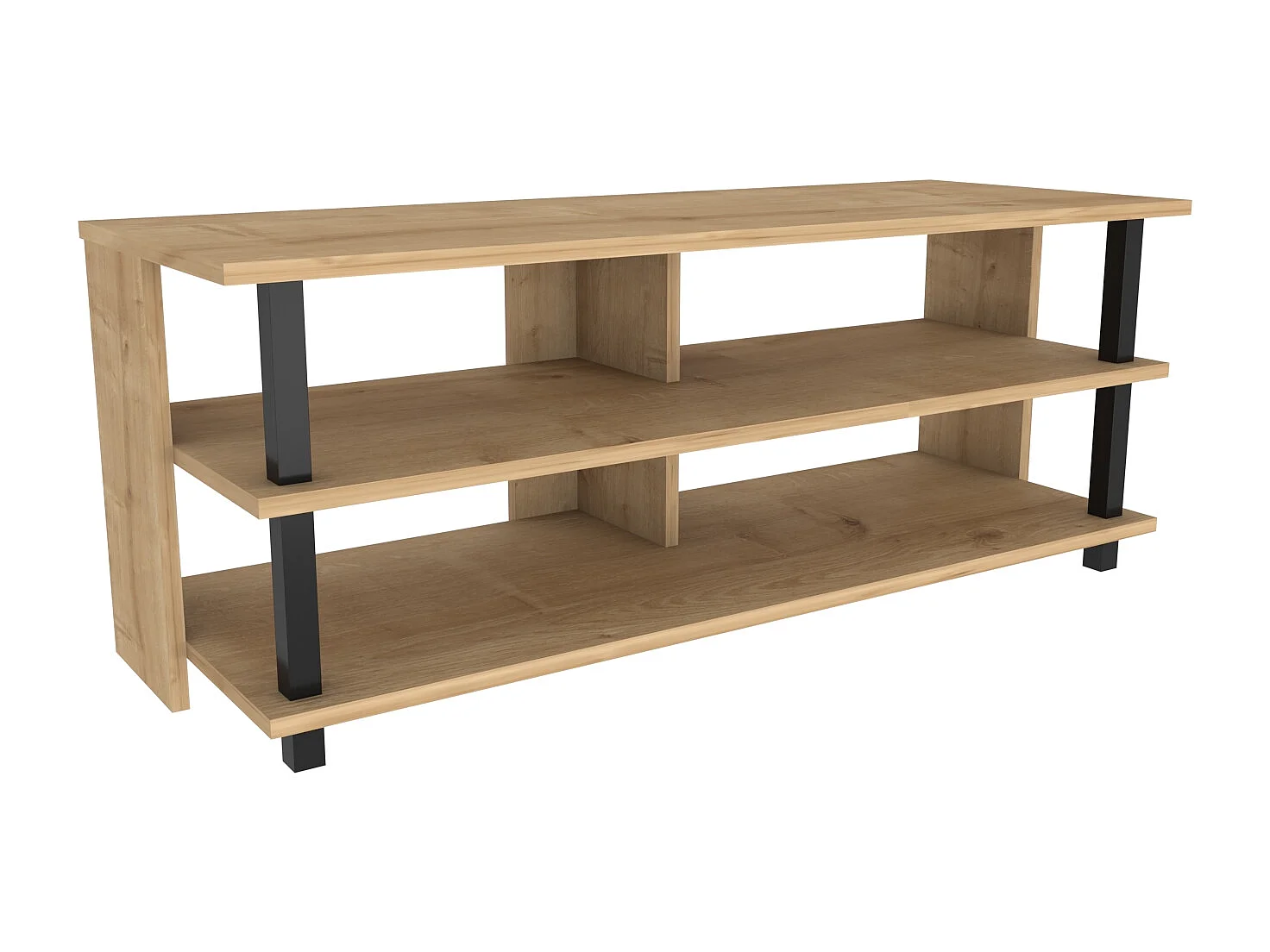 Pueblo Meuble TV 120 cm Niches et Étagères Ouvertes (Noir et Chêne)