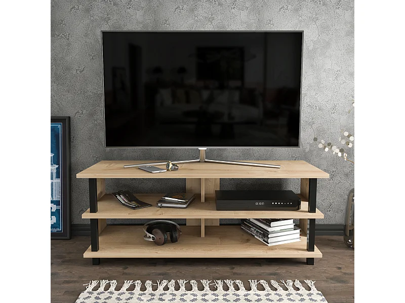 Pueblo Meuble TV 120 cm Niches et Étagères Ouvertes (Noir et Chêne)